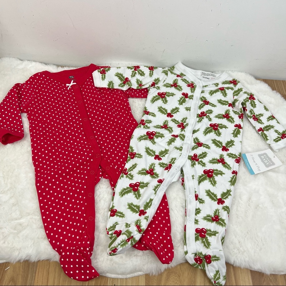 NEW Hudson Baby Christmas Holly/Red polka dot 2 Pk Long Sleeve Onesies Size 0-3M